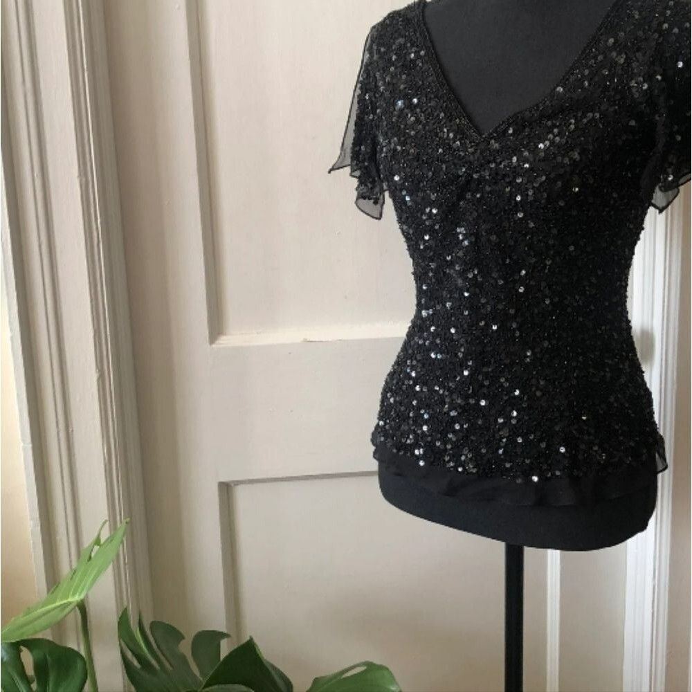 VINTAGE Adrianna Papell Size XL Top Elegant Black Sequin Womens Blouse Dressy - Picture 2 of 16